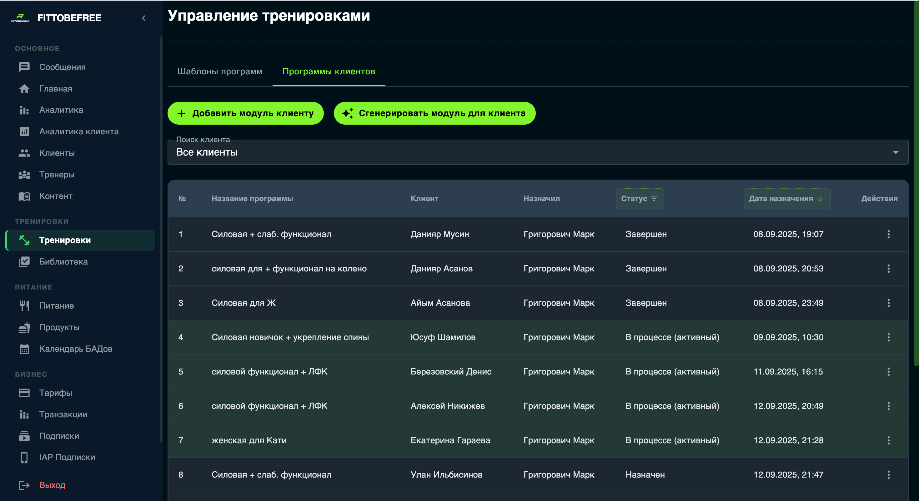 Тренировки — Назначенные